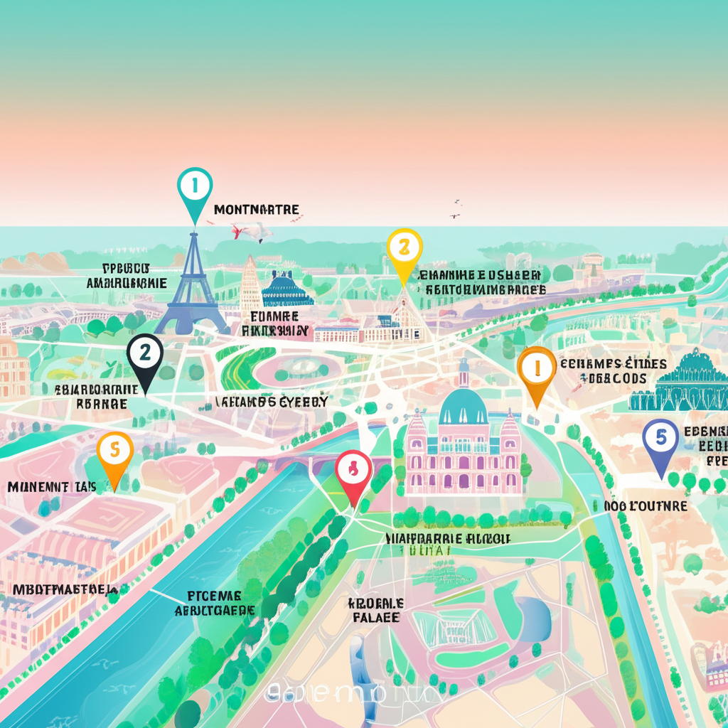 Paris 5-day itinerary map showing Eiffel Tower, Louvre, Montmartre, Versailles and shopping districts with numbered markers